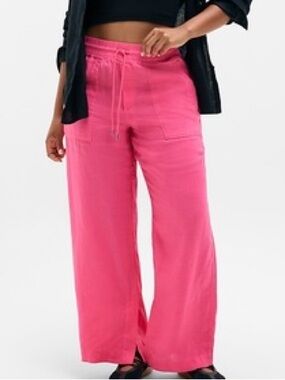 Athleta Pink Linen Pants Straight Wide Leg Size L NWT Tie Front